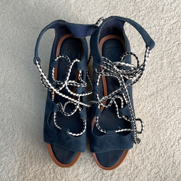 Tory Burch Navy Blue Espadrille Wrap Up Wedges - Picture 2 of 6